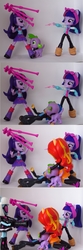 Size: 961x2879 | Tagged: safe, artist:whatthehell!?, edit, flash sentry, photo finish, spike, sunset shimmer, twilight sparkle, equestria girls, g4, camera, doll, equestria girls minis, eqventures of the minis, fight, parody, toy, tripod
