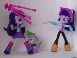 Size: 546x409 | Tagged: safe, artist:whatthehell!?, edit, flash sentry, photo finish, spike, sunset shimmer, twilight sparkle, equestria girls, g4, animated, camera, doll, equestria girls minis, eqventures of the minis, fight, gif, irl, photo, toy, tripod