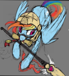 Size: 697x768 | Tagged: safe, artist:redchetgreen, rainbow dash, pegasus, pony, g4, bridle, colored sketch, female, helmet, mouth hold, scroll, simple background, solo, spear, tack, weapon
