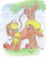 Size: 3559x4582 | Tagged: safe, artist:banami-luv, applejack, g4, absurd resolution, apple, apple tree, applebucking, female, food, lasso, mouth hold, rope, solo, traditional art, tree