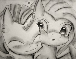 Size: 2671x2087 | Tagged: safe, artist:acleus097, fluttershy, rarity, g4, female, fluffy, grayscale, heart, heart eyes, high res, lesbian, monochrome, nuzzling, pencil drawing, ship:flarity, shipping, traditional art, wingding eyes