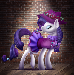 Size: 3866x3900 | Tagged: safe, artist:ellen124, rarity, pony, unicorn, g4, alternate hairstyle, braid, clothes, dress, eyes closed, female, hat, high res, ruff (clothing), solo, spotlight, wall
