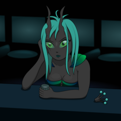 Size: 1200x1200 | Tagged: dead source, safe, artist:bajanic, queen chrysalis, human, g4, alcohol, bar, drink, eared humanization, female, humanized, solo