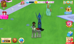 Size: 800x480 | Tagged: safe, gameloft, bright smile, castle (crystal pony), king sombra, pinkie pie, princess luna, alicorn, pony, unicorn, g4, faic, gameloft shenanigans, looking at you, spread wings, vip