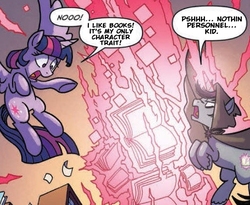 Size: 515x423 | Tagged: safe, artist:tony fleecs, edit, idw, shadow lock, twilight sparkle, alicorn, pony, from the shadows, g4, spoiler:comic, spoiler:comic52, book, cloak, clothes, coldsteel the hedgeheg, cropped, duo, edgy, female, flanderization, magic, male, mare, nothin personnel kid, speech bubble, stallion, text edit, that pony sure does love books, twilight sparkle (alicorn)