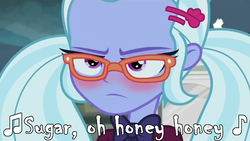 Size: 848x478 | Tagged: safe, edit, edited edit, edited screencap, screencap, sugarcoat, equestria girls, g4, my little pony equestria girls: friendship games, annoyed, blushing, female, lyrics, music, music notes, pigtails, reference, solo, song reference, sugar sugar, sugarcoat is not amused, text, the archies, tsundere, tsunderecoat, twintails, unamused