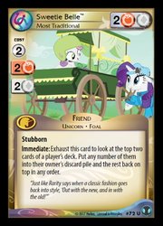 Size: 359x500 | Tagged: safe, enterplay, rarity, sweetie belle, pony, unicorn, defenders of equestria, g4, my little pony collectible card game, ccg, clothes, female, filly, foal, hat, helmet, horn, mare, merchandise