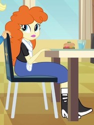 Size: 368x487 | Tagged: safe, screencap, applejack, golden hazel, equestria girls, equestria girls (movie), boots, burger, chair, clothes, cropped, cup, food, helping twilight win the crown, high heel boots, scarf