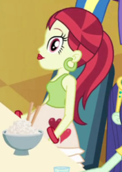 Size: 241x340 | Tagged: safe, screencap, blueberry cake, rose heart, equestria girls, g4, my little pony equestria girls, bracelet, chopsticks, cropped, cup, ear piercing, earring, food, heart, helping twilight win the crown, jewelry, looking at you, piercing, rice