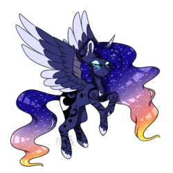 Size: 3500x3500 | Tagged: safe, artist:micky-ann, artist:minelvi, princess luna, alicorn, pony, g4, alternate hairstyle, ethereal mane, female, high res, hoof shoes, lidded eyes, mare, rearing, simple background, solo, starry mane, tattoo, transparent background, two toned wings, wings