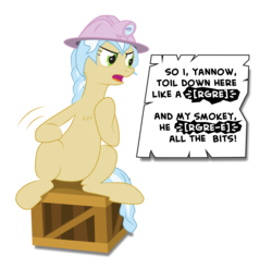 Size: 1852x1821 | Tagged: safe, artist:hotkinkajou, artist:lalieri, ambrosia, cindy block, earth pony, pony, g4, angry, censored, collaboration, crate, female, miner, simple background, sitting, solo, speech bubble, transparent background
