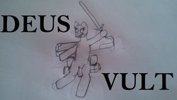 Size: 4160x2340 | Tagged: safe, artist:not-immortal, oc, oc only, oc:sierra summit, original species, plane pony, pony, a-10 thunderbolt ii, bad lighting, christianity, crusades, deus vult, high res, meme, monochrome, pencil drawing, plane, religion, solo, sword, traditional art, weapon