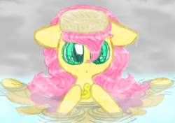 Size: 521x367 | Tagged: safe, artist:kagalicious, fluttershy, g4, bathing, bust, female, floppy ears, hoof hold, looking at you, portrait, rubber duck, solo, spread wings, water