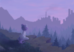 Size: 1600x1132 | Tagged: safe, artist:orchidpony, oc, oc only, oc:orchid, earth pony, pony, city, forest, looking away, outdoors, rear view, scenery, sitting, solo, three quarter view, windswept mane