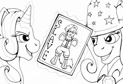 Size: 822x561 | Tagged: safe, artist:fishiewishes, starlight glimmer, trixie, oc, pony, unicorn, g4, card, grin, magic, smiling, traditional art, trapped