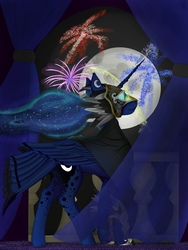 Size: 1725x2300 | Tagged: safe, artist:scrap-lord, princess luna, g4, balcony, carnival, cloak, clothes, drapes, feather, female, fireworks, glowing eyes, mask, moon, solo, tail feathers