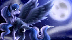 Size: 1920x1080 | Tagged: safe, artist:sketchthebluepegasus, princess luna, wolf, g4, female, flying, moon, night, solo, species swap, stars