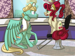 Size: 2732x2048 | Tagged: safe, artist:percy-mcmurphy, cherry jubilee, zephyr breeze, g4, beauty mark, beauty salon, chair, cherrybreeze, clothes, female, high res, large wings, looking at each other, male, mirror, open mouth, reflection, shipping, sitting, smiling, story in the source, story included, straight, wings