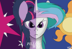 Size: 2200x1500 | Tagged: safe, artist:scrap-lord, princess celestia, twilight sparkle, g4, angry, looking at you, split screen, text, unamused