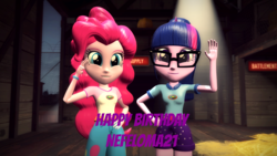Size: 1920x1080 | Tagged: safe, artist:razethebeast, pinkie pie, sci-twi, twilight sparkle, equestria girls, g4, my little pony equestria girls: legend of everfree, 3d, balloon, bracelet, camp everfree outfits, clothes, cute, glasses, happy birthday, jewelry, shorts, source filmmaker