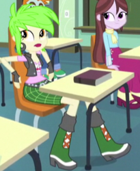 Size: 253x308 | Tagged: safe, screencap, cherry crash, snips, velvet sky, equestria girls, g4, my little pony equestria girls: friendship games, book, boots, cherry, clothes, cropped, ear piercing, earring, fingerless gloves, food, gloves, high heel boots, jewelry, piercing, raised leg, shoes