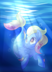 Size: 2000x2800 | Tagged: safe, artist:drawntildawn, oc, oc only, pony, seapony (g4), bubble, crepuscular rays, female, fins, fish tail, heart, high res, mare, ocean, orange eyes, seaponified, smiling, solo, species swap, sunlight, swimming, tail, underwater, water