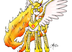Size: 2883x2100 | Tagged: safe, artist:arconius, nightmare star, princess celestia, alicorn, pony, g4, armor, female, fire, high res, mare, simple background, solo, spread wings, transparent background
