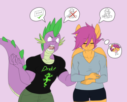 Size: 1500x1200 | Tagged: safe, artist:lurking tyger, scootaloo, spike, anthro, g4, blushing, clothes, eyes closed, female, freakout, male, older, older spike, prank, ship:scootaspike, shipping, shirt, shorts, smiling, straight, virgin, wide hips