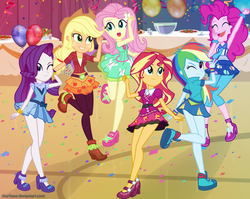 Size: 1379x1098 | Tagged: safe, artist:charliexe, applejack, fluttershy, pinkie pie, rainbow dash, rarity, sunset shimmer, equestria girls, friendship games, g4, bracelet, canterlot high, clothes, confetti, cowboy hat, cup, cute, dress, eyes closed, female, food, freckles, hat, high heels, leg focus, leggings, legs, mary janes, miniskirt, necktie, one eye closed, open mouth, pantyhose, punch (drink), punch bowl, raised leg, salad, school spirit, schrödinger's pantsu, shoes, show accurate, skirt, stetson, streamers, wink, wristband
