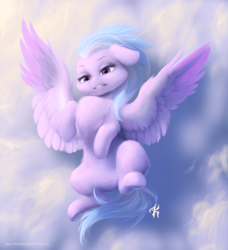 Size: 1959x2151 | Tagged: safe, artist:katputze, cloudchaser, pony, g4, chest fluff, cloud, female, flying, impossibly large chest fluff, smiling, solo, spread wings