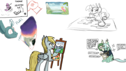 Size: 1920x1080 | Tagged: artist needed, safe, artist:ailynd, artist:cutepencilcase, artist:strangersaurus, derpy hooves, lyra heartstrings, pinkie pie, oc, earth pony, pegasus, pony, unicorn, g4, aggie train, clothes, drawing, drawpile disasters, easel, magic, paintbrush, painting, palette, simple background, telekinesis, white background