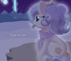 Size: 700x600 | Tagged: safe, artist:tambelon, oc, oc only, oc:opalescent pearl, crystal pony, pony, clothes, female, magic, mare, scarf, snow, solo, text