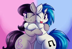 Size: 2500x1710 | Tagged: safe, artist:graphene, dj pon-3, octavia melody, vinyl scratch, earth pony, pony, unicorn, g4, bipedal, cute, duo, duo female, female, high res, hug, lesbian, mare, missing accessory, one eye closed, ship:scratchtavia, shipping, smiling, tavibetes, tongue out, vinylbetes, wink, wrong eye color
