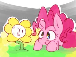 Size: 3257x2431 | Tagged: safe, artist:akainu_pony, pinkie pie, earth pony, pony, g4, crossover, duo, flower, flowey, grass, high res, this will end in tears and/or death, undertale