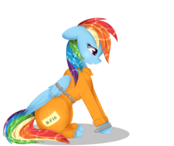 Size: 1024x860 | Tagged: dead source, safe, artist:php146, rainbow dash, pegasus, pony, g4, b-f16, bound wings, chains, clothes, cuffs, female, mare, prison outfit, prisoner, prisoner rd, restrained, shackles, simple background, solo, transparent background