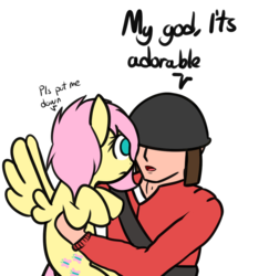 Size: 1200x1234 | Tagged: safe, artist:neuro, fluttershy, human, pegasus, pony, g4, crossover, dialogue, female, helmet, holding a pony, male, mare, no pupils, simple background, soldier, soldier (tf2), spread wings, team fortress 2, transparent background
