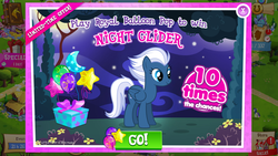 Size: 1136x640 | Tagged: safe, gameloft, bon bon, night glider, sweetie drops, pegasus, pony, g4, official, advertisement