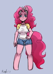 Size: 930x1280 | Tagged: safe, artist:autumnmelody, pinkie pie, earth pony, anthro, unguligrade anthro, g4, blushing, cheek fluff, clothes, denim shorts, female, hand on hip, looking at you, shirt, shorts, signature, simple background, smiling, solo, t-shirt