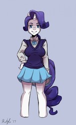 Size: 777x1280 | Tagged: safe, artist:autumnmelody, rarity, anthro, unguligrade anthro, g4, clothes, eye clipping through hair, female, hand on hip, looking at you, shirt, signature, simple background, skirt, smiling, solo, sweater vest, vest