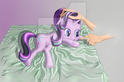 Size: 400x265 | Tagged: safe, artist:stratodraw, starlight glimmer, human, pony, unicorn, g4, bed, cute, deviantart watermark, female, floppy ears, glimmerbetes, hand, mare, obtrusive watermark, offscreen character, petting, watermark