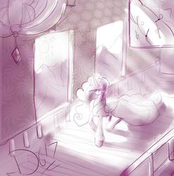 Size: 1500x1516 | Tagged: safe, artist:thelunarmoon, part of a set, princess celestia, alicorn, pony, g4, bathrobe, clothes, crepuscular rays, female, glasses, glowing horn, horn, magic, missing accessory, monochrome, robe, sketch, solo, stairs, sunlight, sunshine, walking
