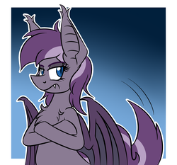 Size: 1559x1453 | Tagged: safe, artist:raeligath, oc, oc only, oc:violet rose, bat pony, pony, crossed hooves, fangs, female, gradient background, mare, slit pupils, unamused