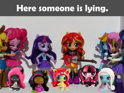 Size: 960x720 | Tagged: safe, artist:whatthehell!?, edit, applejack, fluttershy, pinkie pie, rainbow dash, rarity, sunset shimmer, twilight sparkle, equestria girls, g4, doll, equestria girls minis, irl, monster high, parody, photo, toy