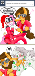 Size: 1575x3419 | Tagged: safe, artist:blackbewhite2k7, cheese sandwich, fluttershy, pinkie pie, pony, g4, angry, ask, blue underwear, clothes, comic, crossover, discorded, elastic, female, flutterbitch, harley quinn, imminent kissing, kiss denied, lips, male, plastic man, poison ivy, ship:cheesepie, shipping, straight, stretching, tied up, tumblr, underwear
