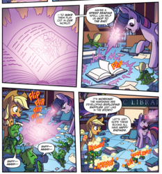 Size: 869x932 | Tagged: safe, artist:tony fleecs, idw, official comic, applejack, twilight sparkle, alicorn, earth pony, pony, from the shadows, g4, spoiler:comic, spoiler:comic52, book, comic, cropped, exploding sniffles, explosion, female, library, magic, mare, marshan, sneezing, speech bubble, speed reading, the war of the worlds, twilight sparkle (alicorn)