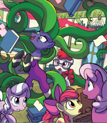 Size: 659x759 | Tagged: safe, artist:tony fleecs, idw, official comic, apple bloom, cheerilee, diamond tiara, mane-iac, twist, earth pony, pony, from the shadows, g4, spoiler:comic, spoiler:comic52, cropped, female, filly, foal, mare