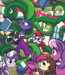 Size: 659x759 | Tagged: safe, artist:tony fleecs, idw, official comic, apple bloom, cheerilee, diamond tiara, mane-iac, twist, earth pony, pony, friendship is magic #52, from the shadows, g4, spoiler:comic, cropped, female, filly, foal, mare