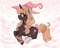 Size: 5000x4000 | Tagged: safe, artist:kaikururu, oc, oc only, oc:taffy hex, pony, absurd resolution, bow, clothes, cloud, hat, moon, solo, stars, witch, witch hat
