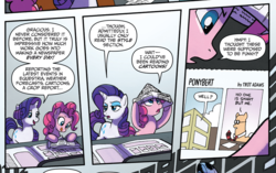 Size: 876x549 | Tagged: safe, artist:tony fleecs, idw, official comic, pinkie pie, rarity, earth pony, pony, unicorn, from the shadows, g4, spoiler:comic, spoiler:comic52, comic, cropped, dilbert, female, hat, mare, newspaper hat, paper hat, ponified, reference, speech bubble, take that, the dilbert zone