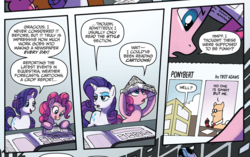 Size: 876x549 | Tagged: safe, artist:tony fleecs, idw, official comic, pinkie pie, rarity, earth pony, pony, unicorn, friendship is magic #52, from the shadows, g4, spoiler:comic, comic, cropped, dilbert, female, hat, mare, newspaper hat, paper hat, ponified, reference, speech bubble, take that, the dilbert zone